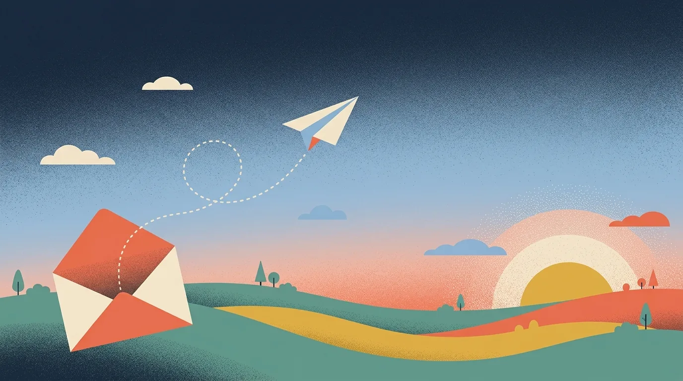 Illustration of a paper plane flying from an envelope toward a rising sun