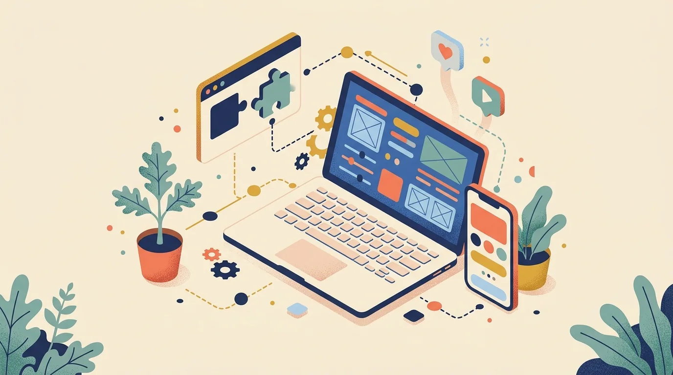 Flat grain illustration of a digital workshop with a laptop, phone, browser add-on and connected gears