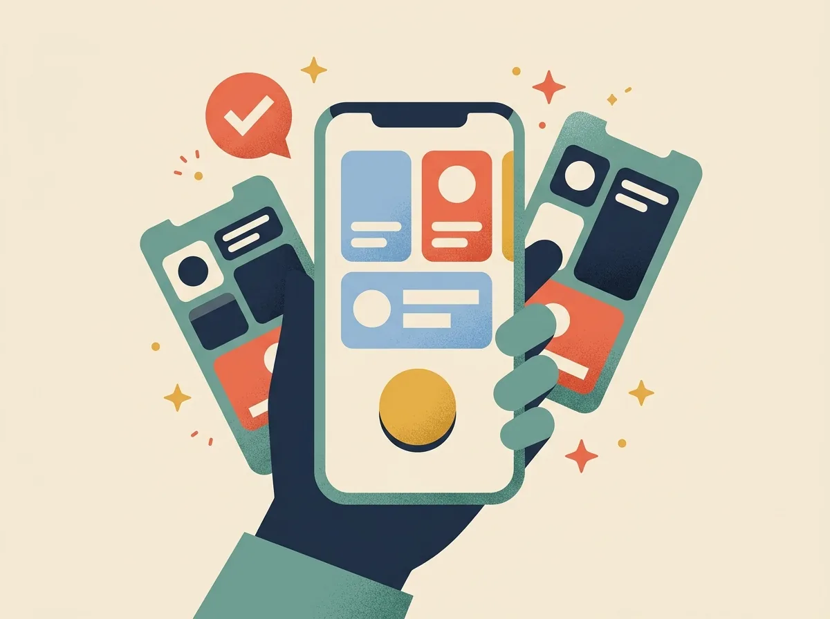 Illustration of a hand holding a phone with app screens