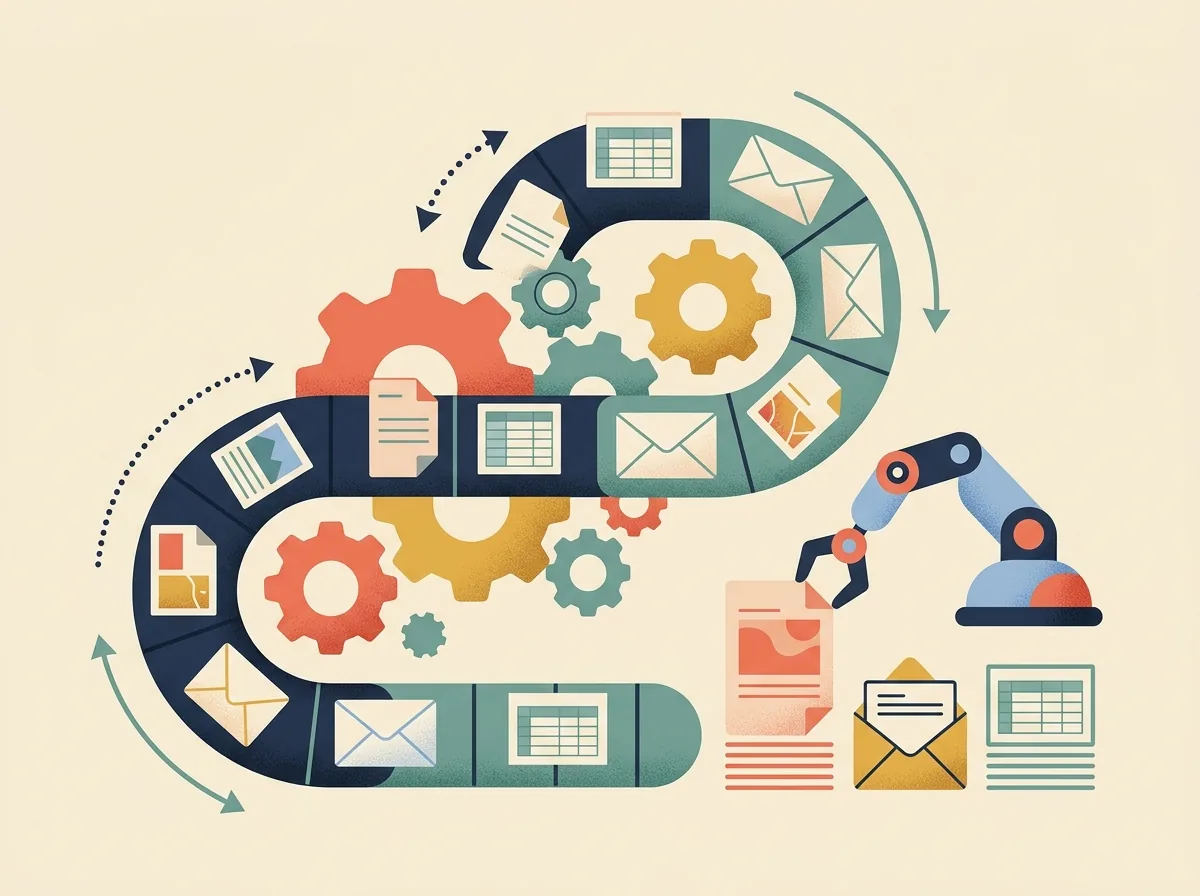 Illustration of documents moving through gears on a conveyor