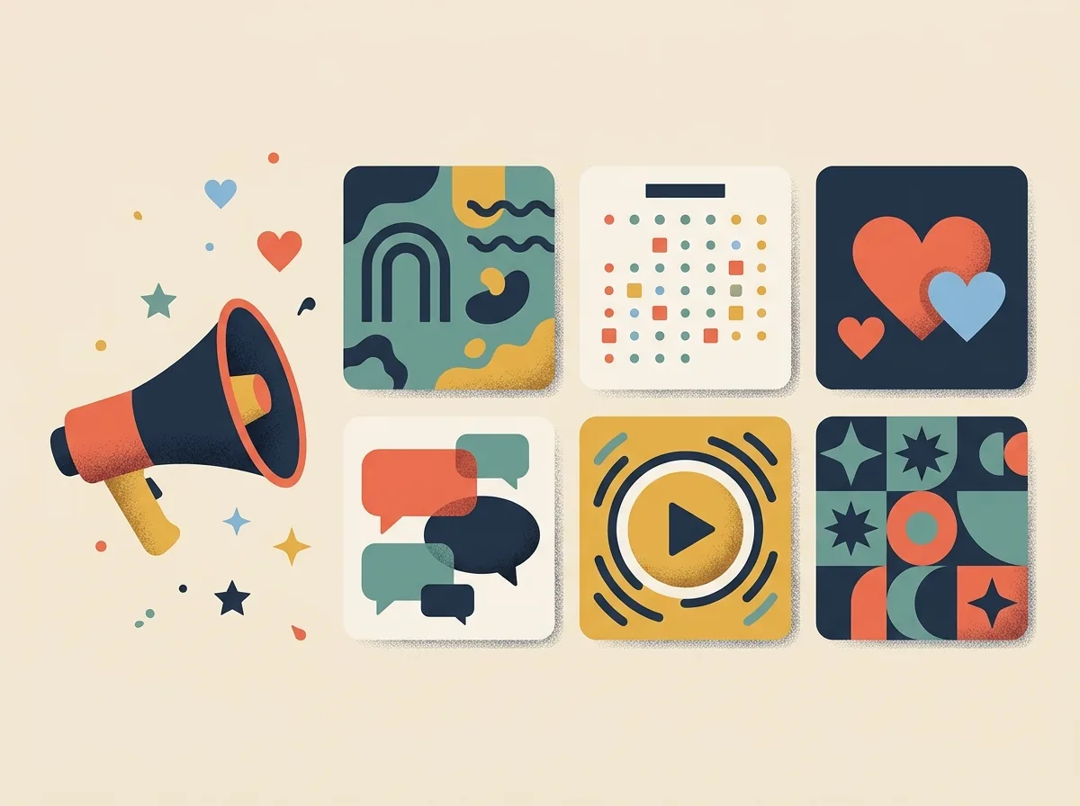 Illustration of social posts, a content calendar and hearts