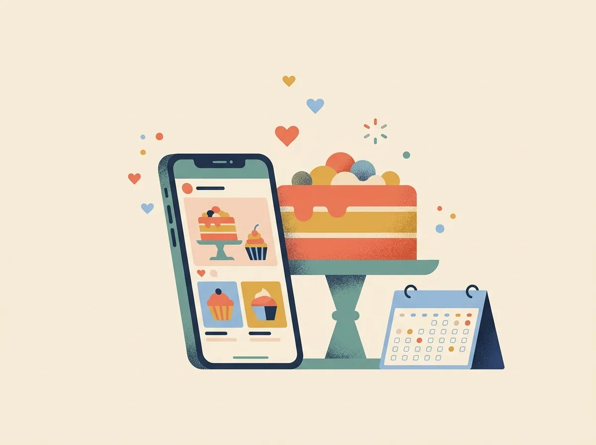 Illustration of a cake feed on a phone beside a layered cake