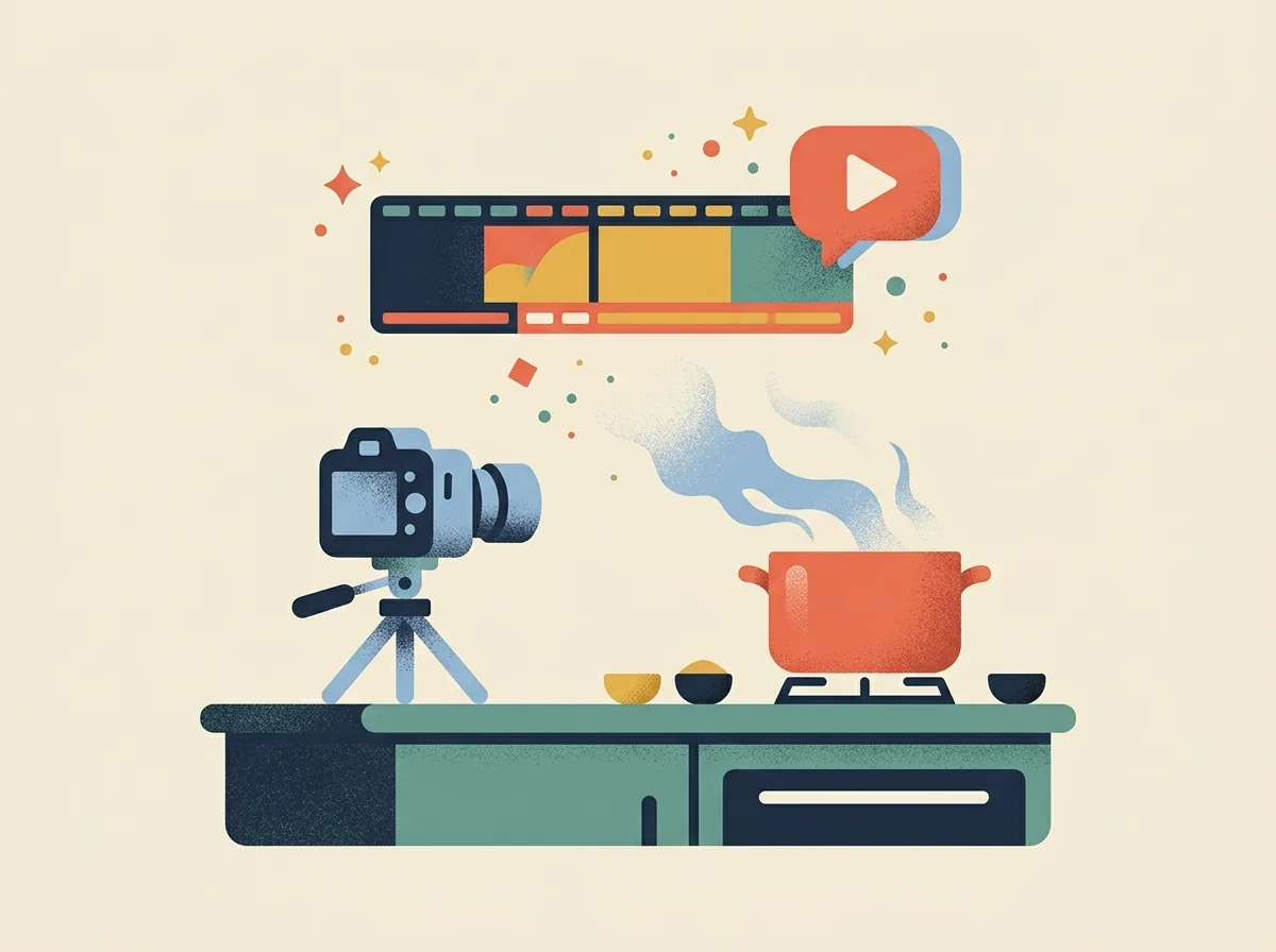 Illustration of a cooking pot filmed by a camera with a video timeline