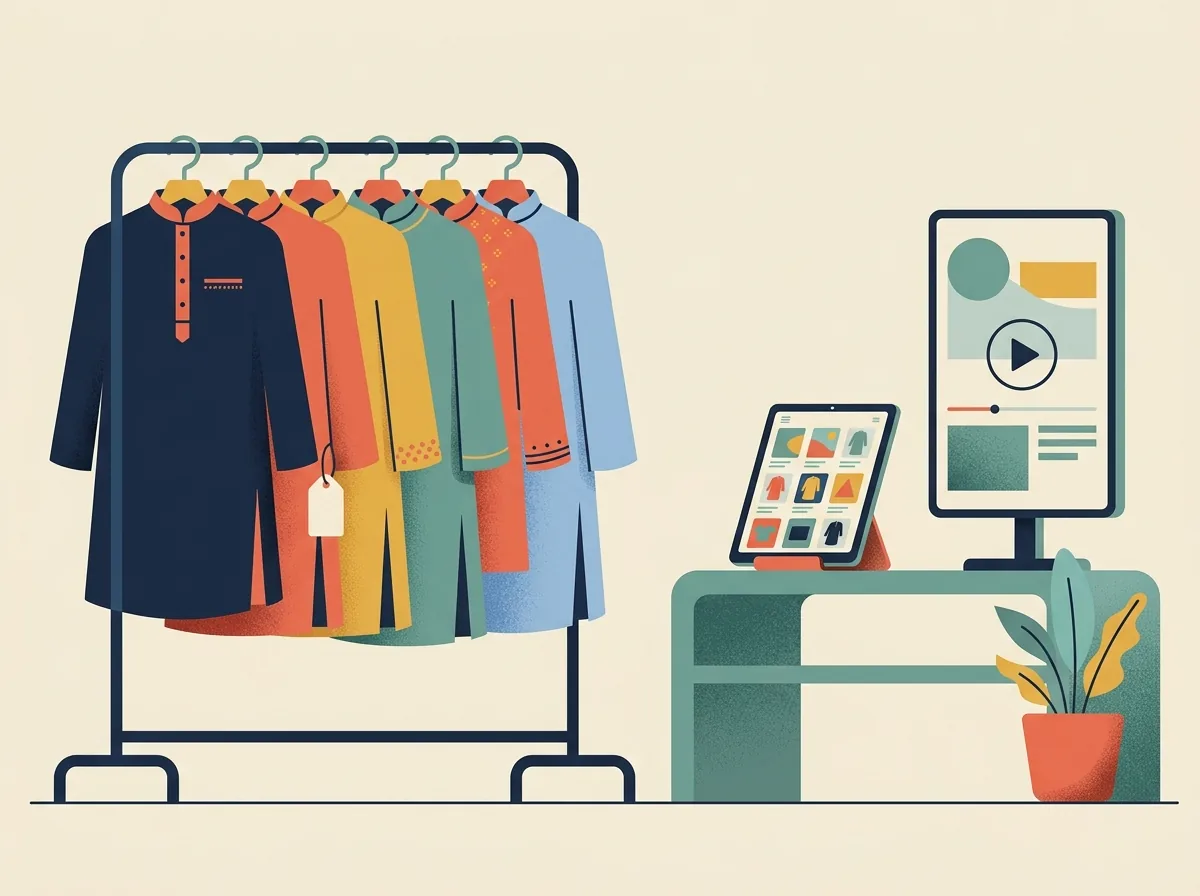 Illustration of a kurta clothing rail beside a catalogue tablet