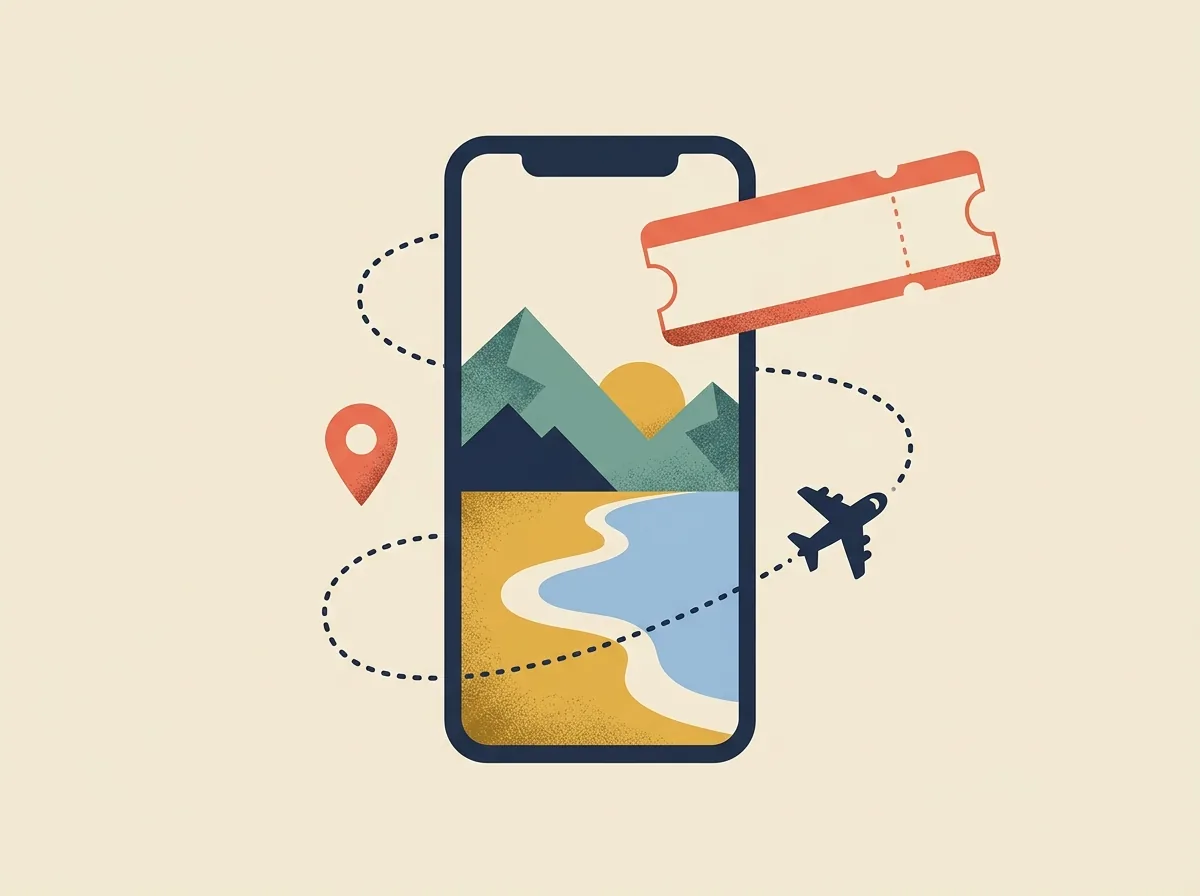 Illustration of a phone with a landscape, a boarding pass and a plane